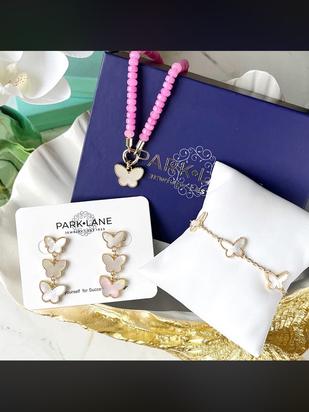 BNIB!!! Park Lane Pink and Gold Butterfly Jewelry Trio